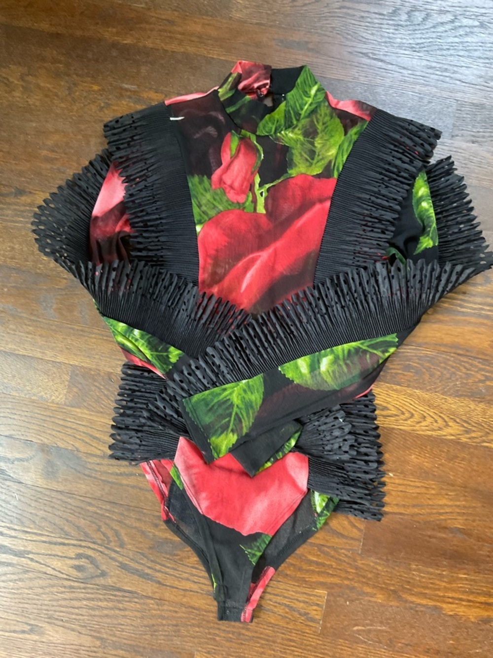 Wearable Art Romantic Goth Rose Print Mesh Bodysuit Avant Garde Statement Top - Picture 14 of 16